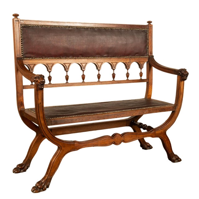 Antique Renaissance Revival Carved Walnut & Leather Hall Window Bench Italy 1880 For Sale In Portland, OR - Image 6 of 15