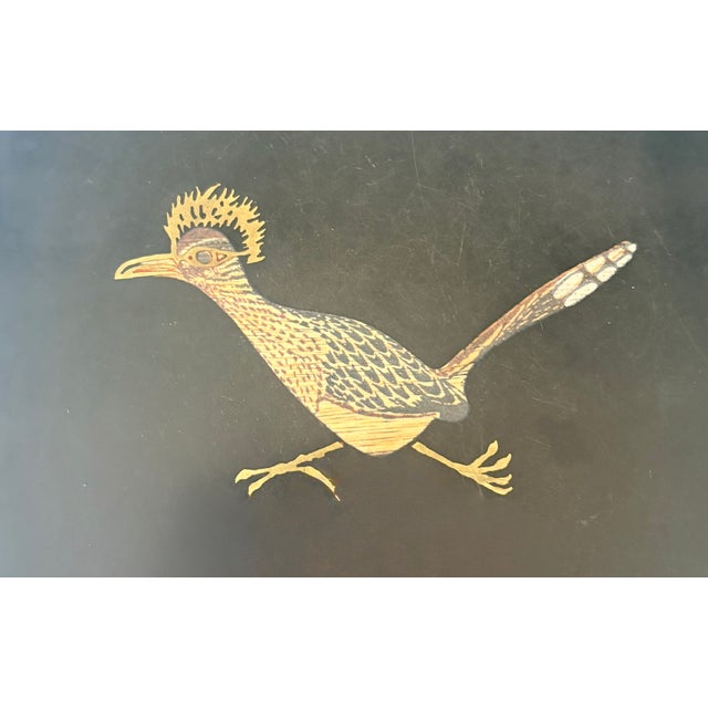 Mid 20th Century Mid-20th Century Modern Couroc of Monterey Black, Gold, and Bronze Roadrunner Square Trays - A Pair For Sale - Image 5 of 11