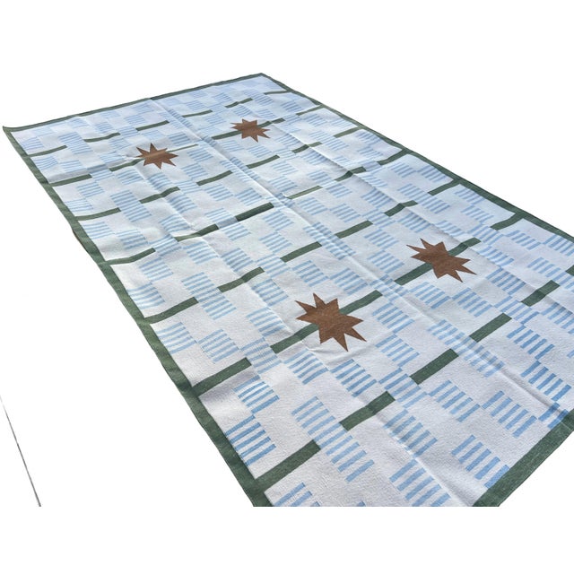 Sky Blue Handmade Cotton Vegetable Dyed Area Rug, Cream, Sky Blue, Sage Green Star Dash Dhurrie-5x8 For Sale - Image 8 of 9