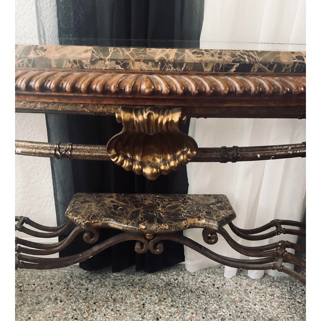 1990s Hollywood Regency Marble & Wrought Iron Console Table With Beveled Glass For Sale In Tampa - Image 6 of 7