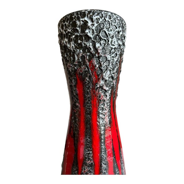 Striking vintage West German ceramic floor vase featuring the iconic “Fat Lava” textured glaze in a dramatic red and black...