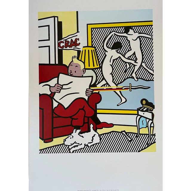 Official Roy Lichtenstein exhibition poster from the 1994-1995 Brussels retrospective. Tintin Reading (1993) reflects...