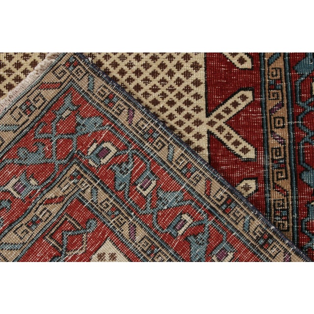 1960s Hand-Knotted Vintage Turkish Rug in Red, Blue, Beige-Brown Geometric Pattern For Sale - Image 5 of 6