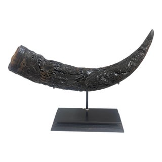 Antique Asian Hand Carved Buffalo Horn on Stand For Sale