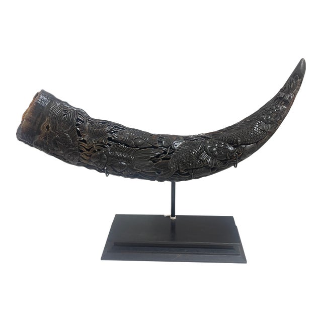Antique Asian Hand Carved Buffalo Horn on Stand For Sale