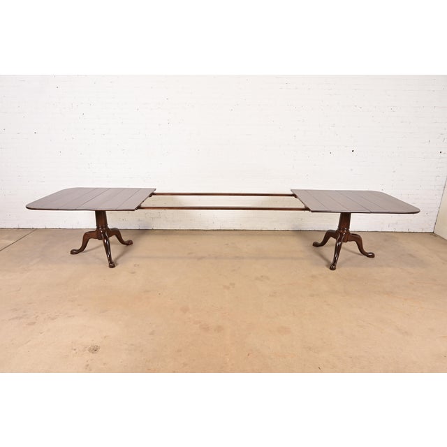 Late 20th Century Baker Furniture Style Georgian Monumental Solid Cherry Wood Double Pedestal Extension Dining Table, Newly Refinished For Sale - Image 5 of 14