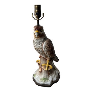 1940s Porcelain Lamp Depicting Hawk on Stump For Sale