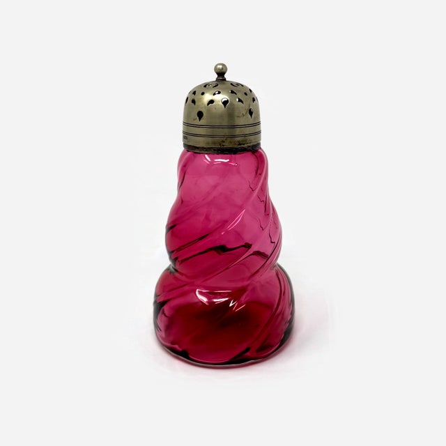 Antique Eapg Cranberry Glass Sugar Shaker | Swirl Pattern Muffineer 5.5" For Sale - Image 4 of 8