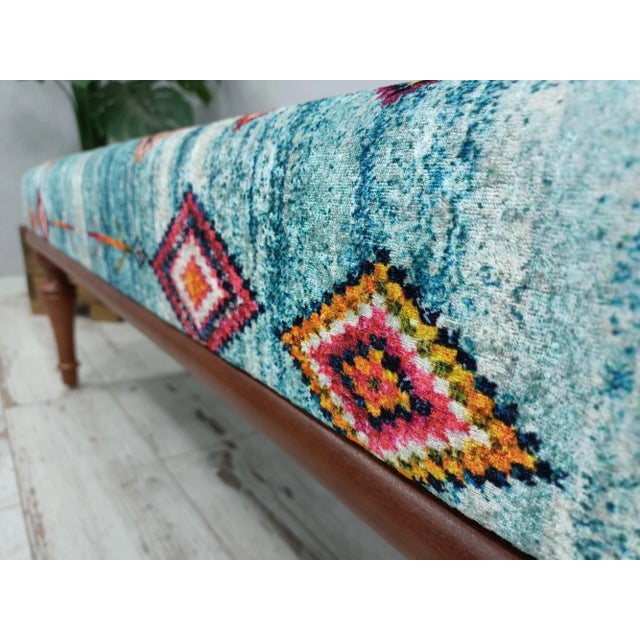 Contemporary Boho Rug Print Fabric Upholstered + Handmade Bench For Sale - Image 4 of 11