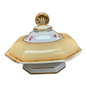 Antique Old Paris Porcelain Covered Vegetable or Soup Tureen with Painted Flowers and Apricot Yellow