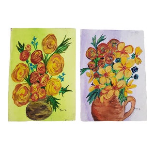 1970s Folk Art Floral Still Life Paintings - a Pair For Sale