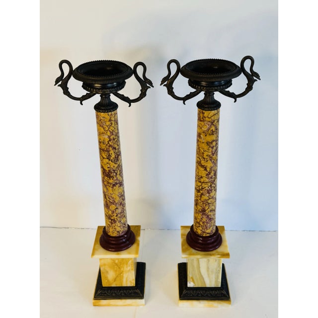 Italian Marble Candle Pillars With Serpant Metal Accents, a Pair This pair is substantial in size and weight. Solid marble...