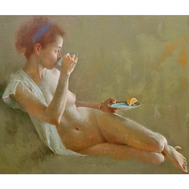 1960s Joseph Bowler -Nude Model Enjoying Tea With Lemon-Oil Painting For Sale - Image 5 of 11