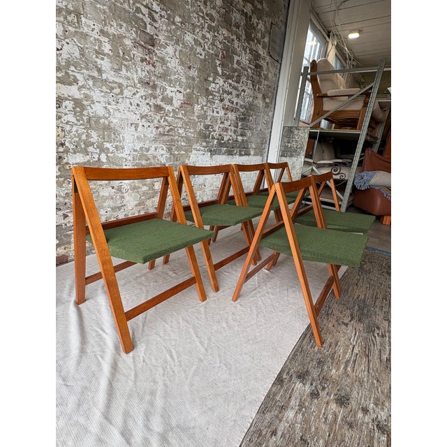 Mid-Century Modern Set of 6 Mid Century Modern Teak Folding Dining Chairs With Green Upholstery For Sale - Image 3 of 11