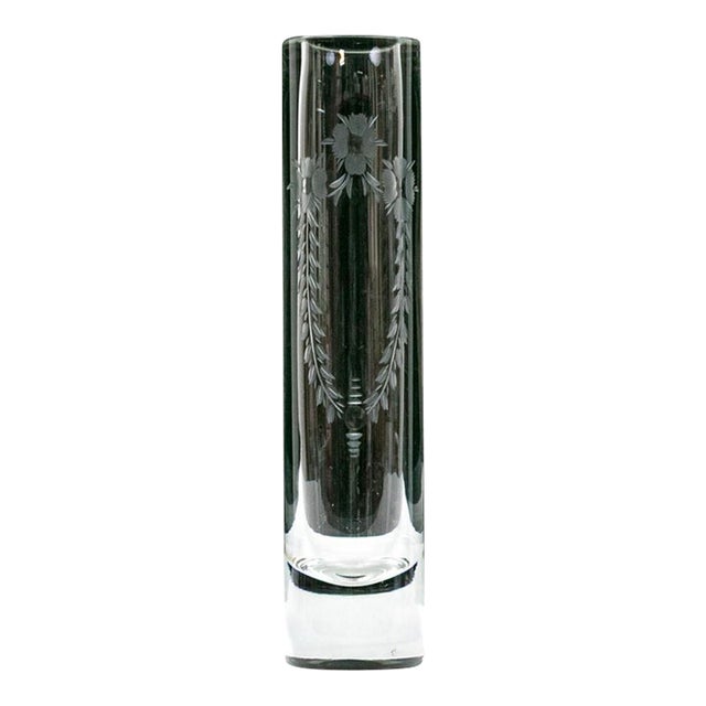 1982 Signed Mid-Century Modern Etched Clear Glass Bud Vase For Sale