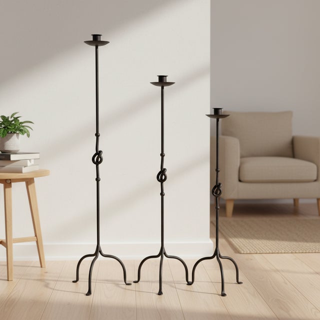 The Compact Knotted Trio: Floor Candelabra Set ️ Add a touch of meaningful artistry to your home with this Hand-Forged...