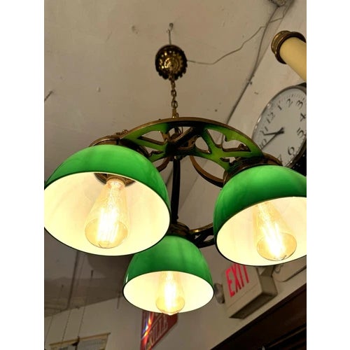 Green Antique Brass Neo Gothic Three Green Globe Ceiling Pendant Light Rewired For Sale - Image 8 of 10