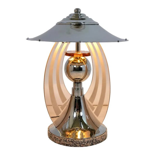 Art Deco FrenchRound Chromed Table Lamp with Rosaline Colored Glass Arches, 1930s For Sale - Image 3 of 8