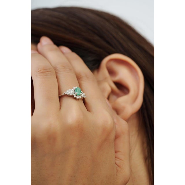Not Yet Made - Made To Order Art Deco Oval Emerald & Diamond Halo Cluster Ring in Silver, Size 7.5 For Sale - Image 5 of 12