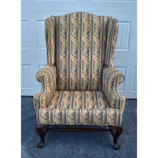 Vintage Queen Anne Wingback Chair Mahogany Cabriole Leg Striped Tapestry Floral For Sale - Image 13 of 15