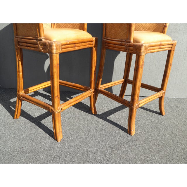 Vintage Tiki Palm Beach Style Rattan & Brown Leather Bar Stools a