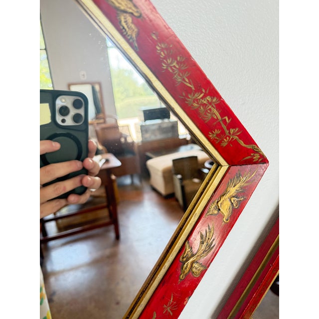 Red English Diamond Shaped Mirror With Red Lacquer Chinoiserie Frame (Two Available) For Sale - Image 8 of 9
