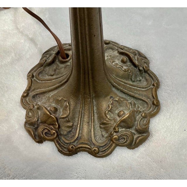Antique Aladdin Art Nouveau Glass & Cast Metal Reverse Painted Tree Landscape Bourdoir Table Lamp For Sale - Image 10 of 12