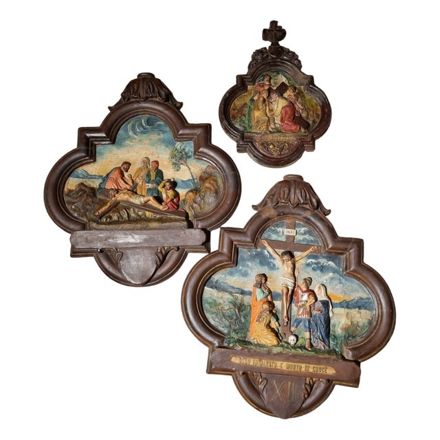 Stations of the Cross Triptych: VI, XI and XII, Painted High Relief Plaster, Cement and Stone Casts, Set of 3 For Sale