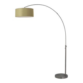1960s Nova of California Morelli Float Floor Lamp - 92" Mid Century Modern Arc Lamp, Black Nickel Finish, Avocado Linen Drum Shade, Dimmable For Sale