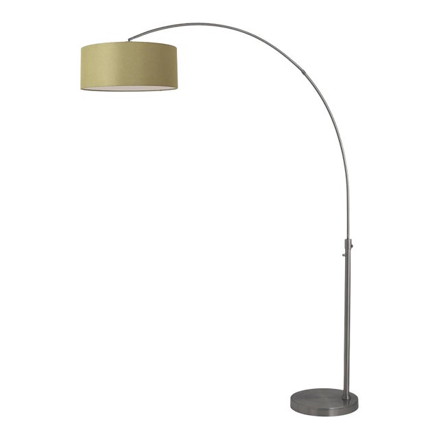 1960s Nova of California Morelli Float Floor Lamp - 92" Mid Century Modern Arc Lamp, Black Nickel Finish, Avocado Linen Drum Shade, Dimmable For Sale