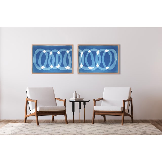 2020s 2026, Modern Minimalist Horizontal Diptych of Blue Necklace, Handmade Monotype Cyanotype on Watercolor Paper by Kind of Cyan For Sale - Image 5 of 10