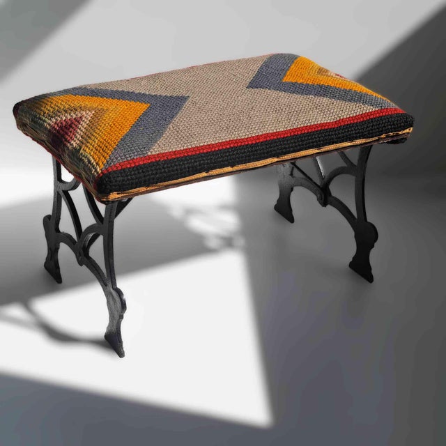 Mid 20th Century Iron Bench With Wool Geometric Design Upholstered Seat For Sale - Image 4 of 6