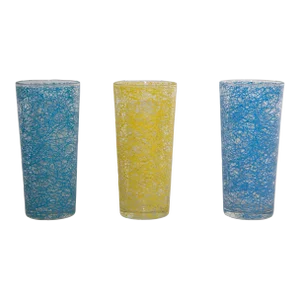 Vintage Collectible Retro Highball Spaghetti Tumblers Set of 3 Blue and Yellow