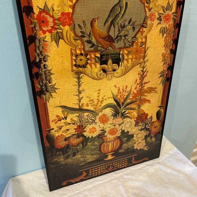 Classical style art on board panel with birds, flowers, floral motifs, ewer, and grapes. Beautiful colors in reds, blues,...