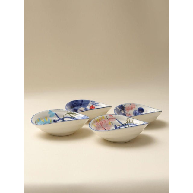 Japanese Japanese-Style Hand-Painted Floral Ceramic Bowl With Underglaze - Set of 4 For Sale - Image 3 of 7