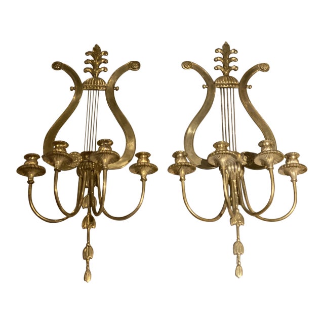 1920s Lyre Design Gilt Bronze 4 Lights Sconces - Pair For Sale