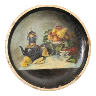 Antique Hand Painted Folk Art Still Life Oil Painting on Stoneware Pottery Lid For Sale