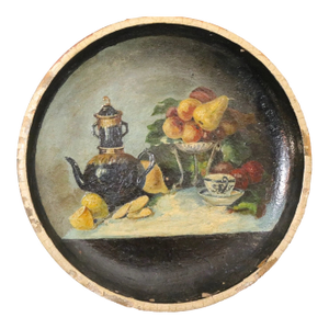 Antique Hand Painted Folk Art Still Life Oil Painting on Stoneware Pottery Lid