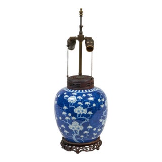 Early 18th Century Chinese Blue and White Porcelain Prunus Ginger Jar Lamp For Sale