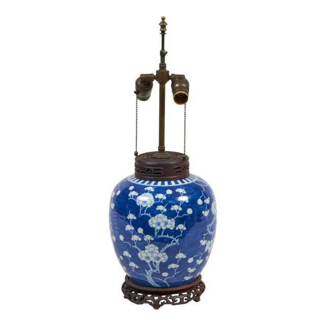 Early 18th Century Chinese Blue and White Porcelain Prunus Ginger Jar Lamp For Sale