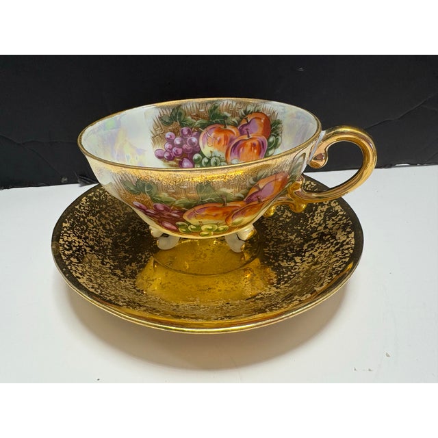 Vintage Japanese Lusterware Footed Teacup & Saucer Gold Iridescent Fruit Design Mid Century Display Cup For Sale - Image 4 of 8