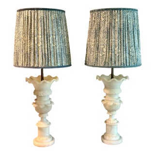 Pair of Vintage Alabaster Lamps With William Morris Fabic Shades For Sale