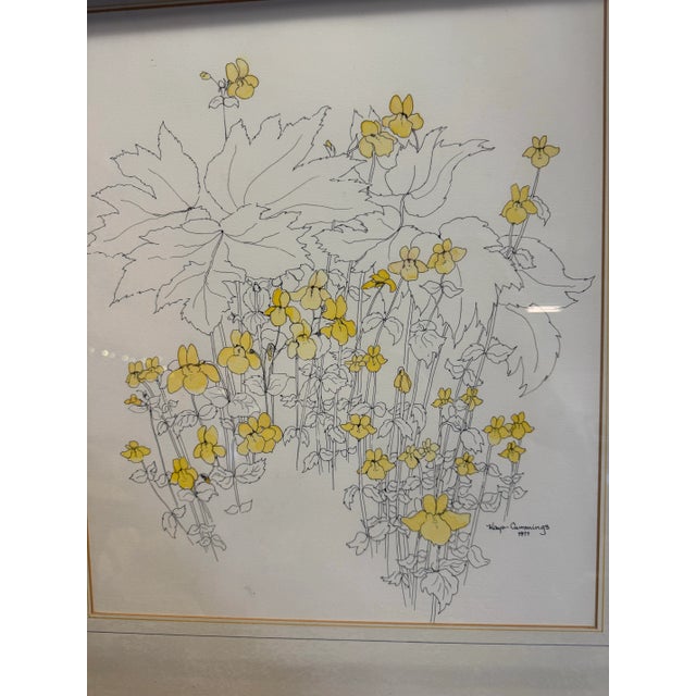 1970s Floral Water Color Drawing by Montana Artist Kaye Cummings 1977 Yellow Floral Line Drawing Framed For Sale - Image 5 of 6