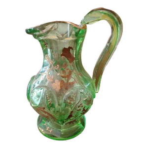 Antique Bohemian Glass Moser Emerald Green Crystal Ewer