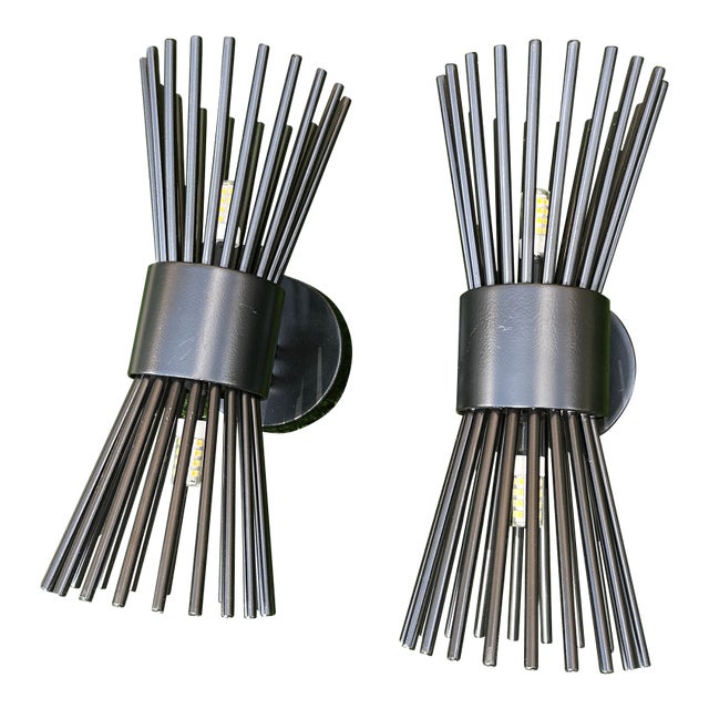 1970s Black Metal Small Tube Starburst Style Wall Sconces - a Pair For Sale