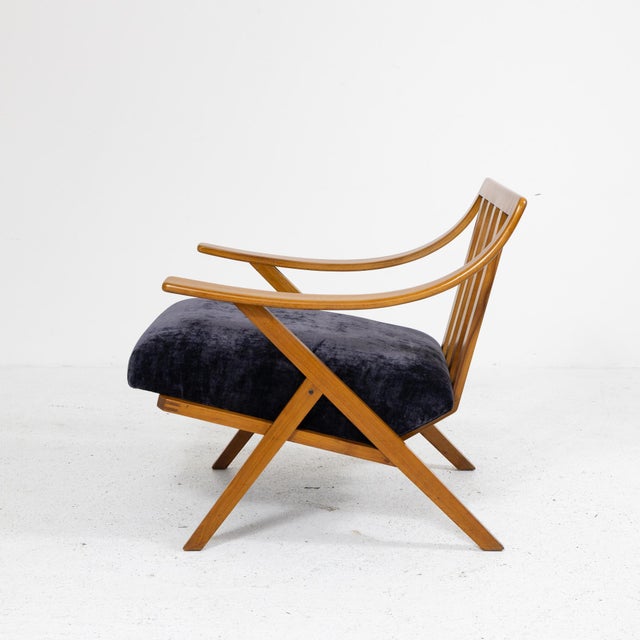 Cherry Wood and Velvet Armchair, 1960s For Sale - Image 3 of 15