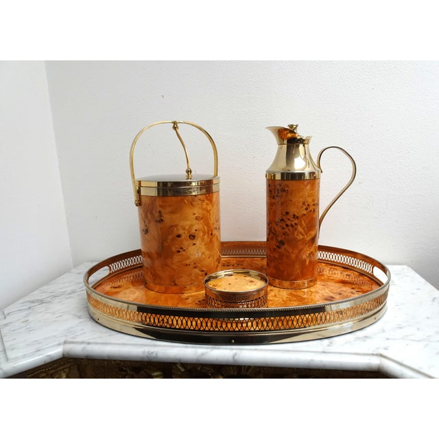 Italian Walnut Serving Set Including Tray, Ice Bucket, Thermos and Coasters, 1970s, Set of 4, in Good conditions. Designed...