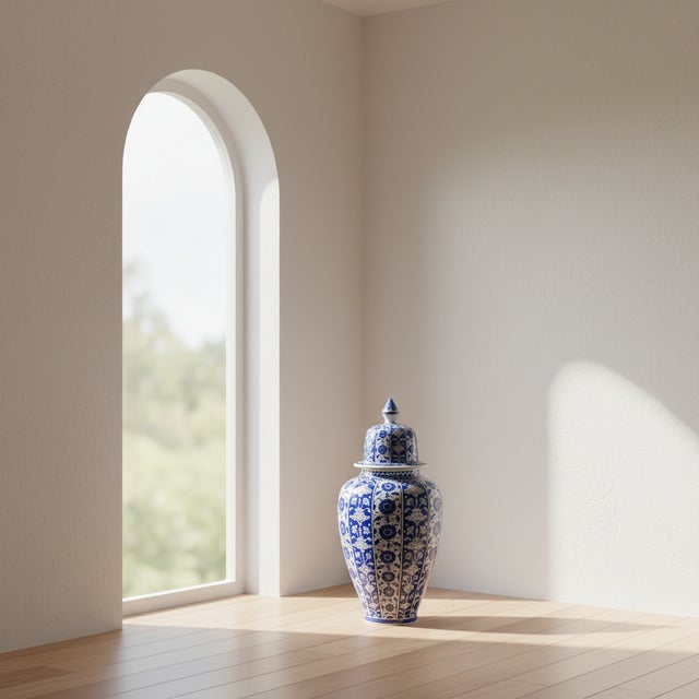 Turkish Handmade Ceramic Grand Shah Jar (60cm) Baba Nakkas Style Rumi & Hatayi Blue White Floor Vase For Sale - Image 3 of 7