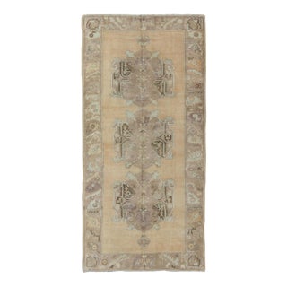 Vintage Turkish Oushak Gallery Rug in Soft Camel, Taupe, and Muted Blue Tones For Sale