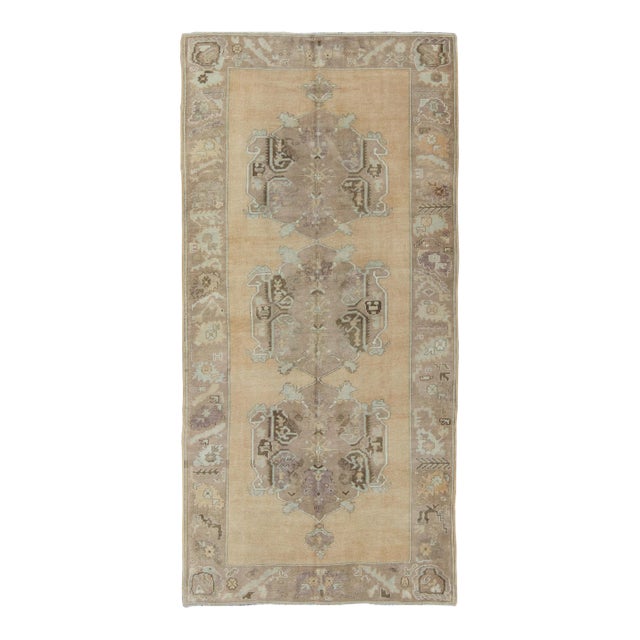 Vintage Turkish Oushak Gallery Rug in Soft Camel, Taupe, and Muted Blue Tones For Sale